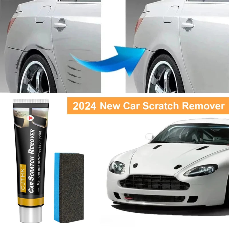 Car scratch remover product set showing tube, blue sponge block, and scratched panel