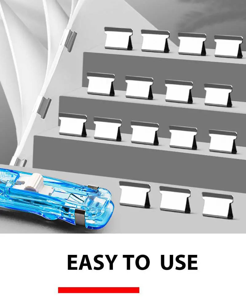 Mini reusable push stapler refills and blue clear dispenser with white clips