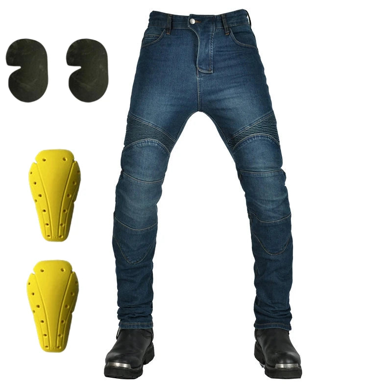 Blue motorcycle riding jeans with knee and thigh armor pieces shown