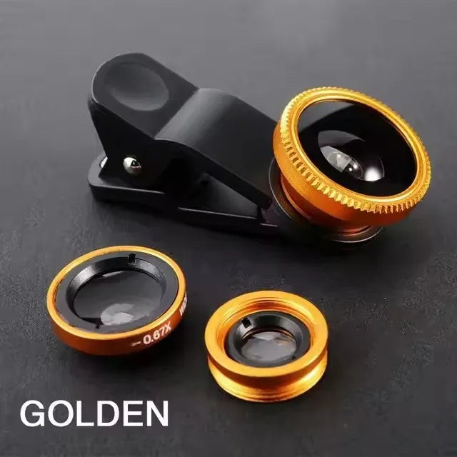 Golden 3-in-1 phone camera lens set with clip and three round lens attachments