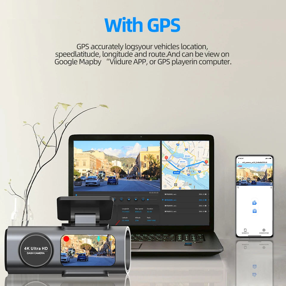 Dash cam DVR with GPS-enabled display and connected phone screen mockups