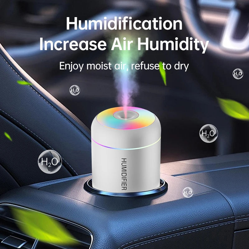 White mini humidifier on car seat with rainbow LED top and mist