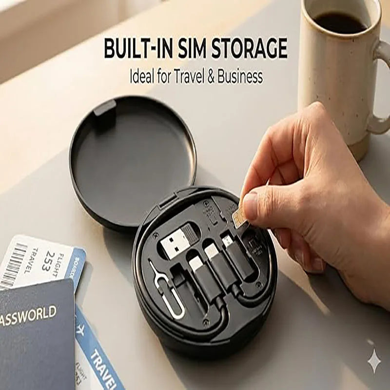 Black travel adapter case with built-in SIM storage and multiple charging connectors