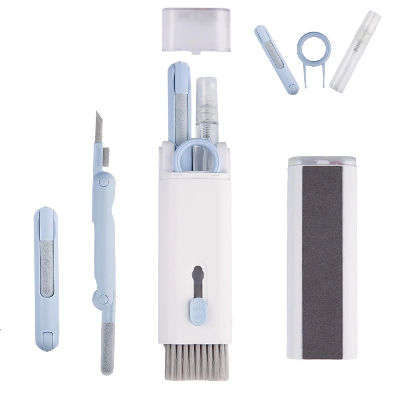 Computer keyboard cleaner brush kit in light blue and white with 7 tools