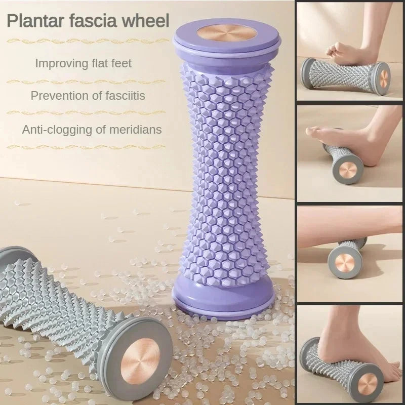 Purple plantar fascia massage roller with honeycomb wheel tread and rounded end cap