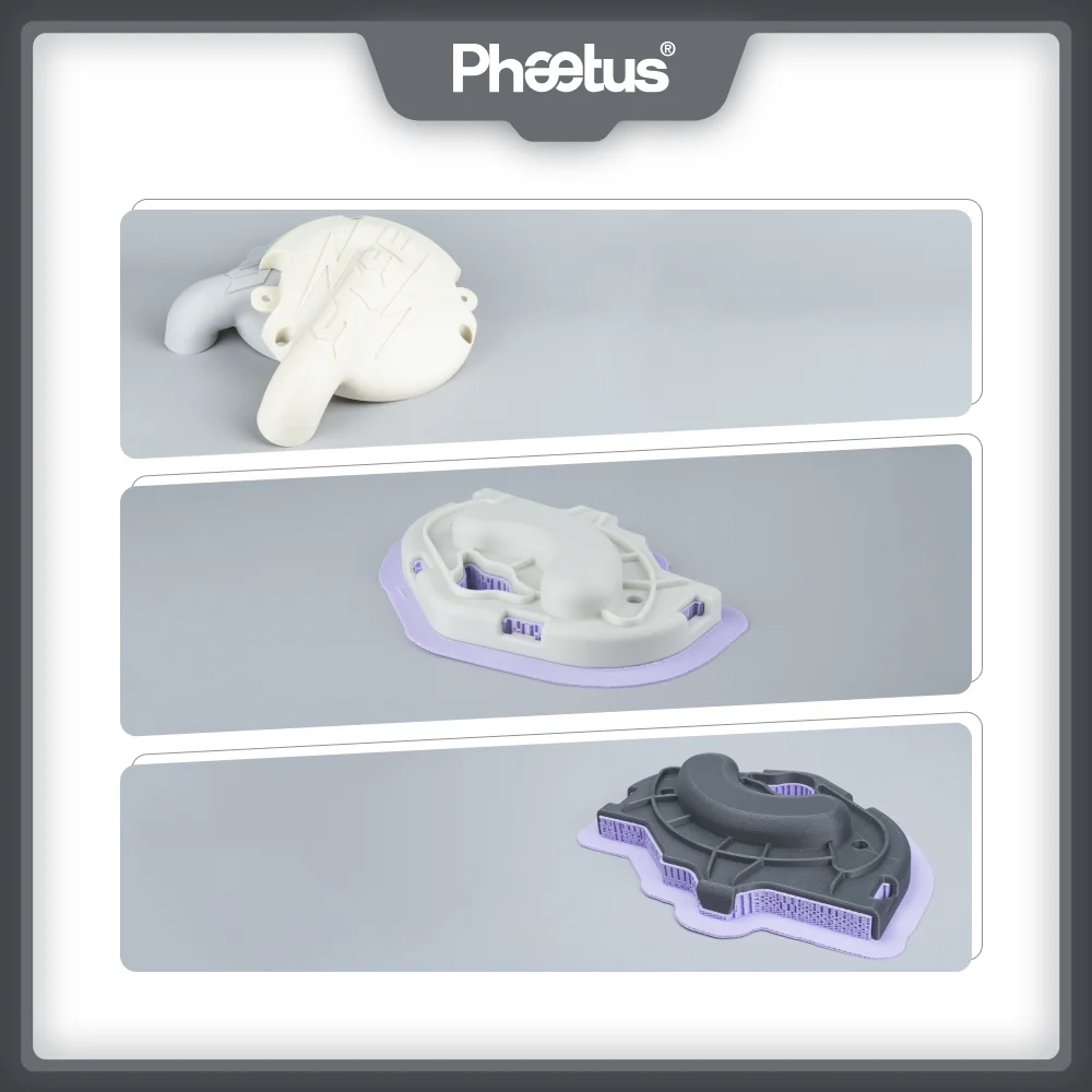 Hotend nozzle accessory parts in tray: white component and purple gray module