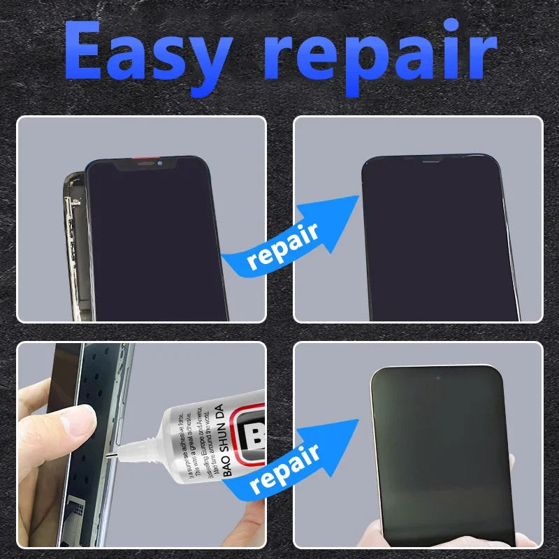 Phone screen repair adhesive kit showing display and back-cover repair steps