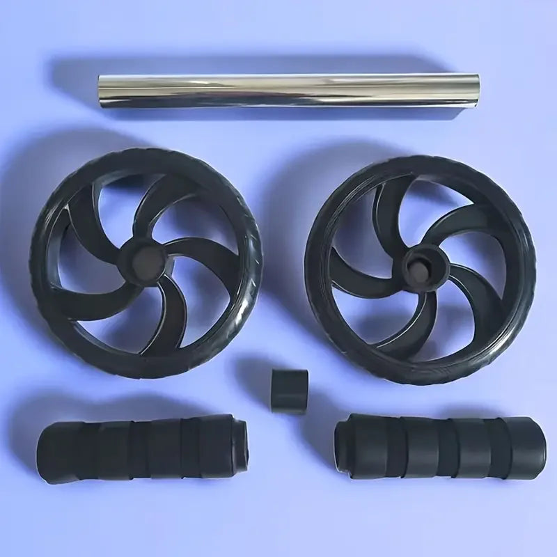 Black dual-wheel abdominal roller parts: two wheels, foam handles, and metal bar