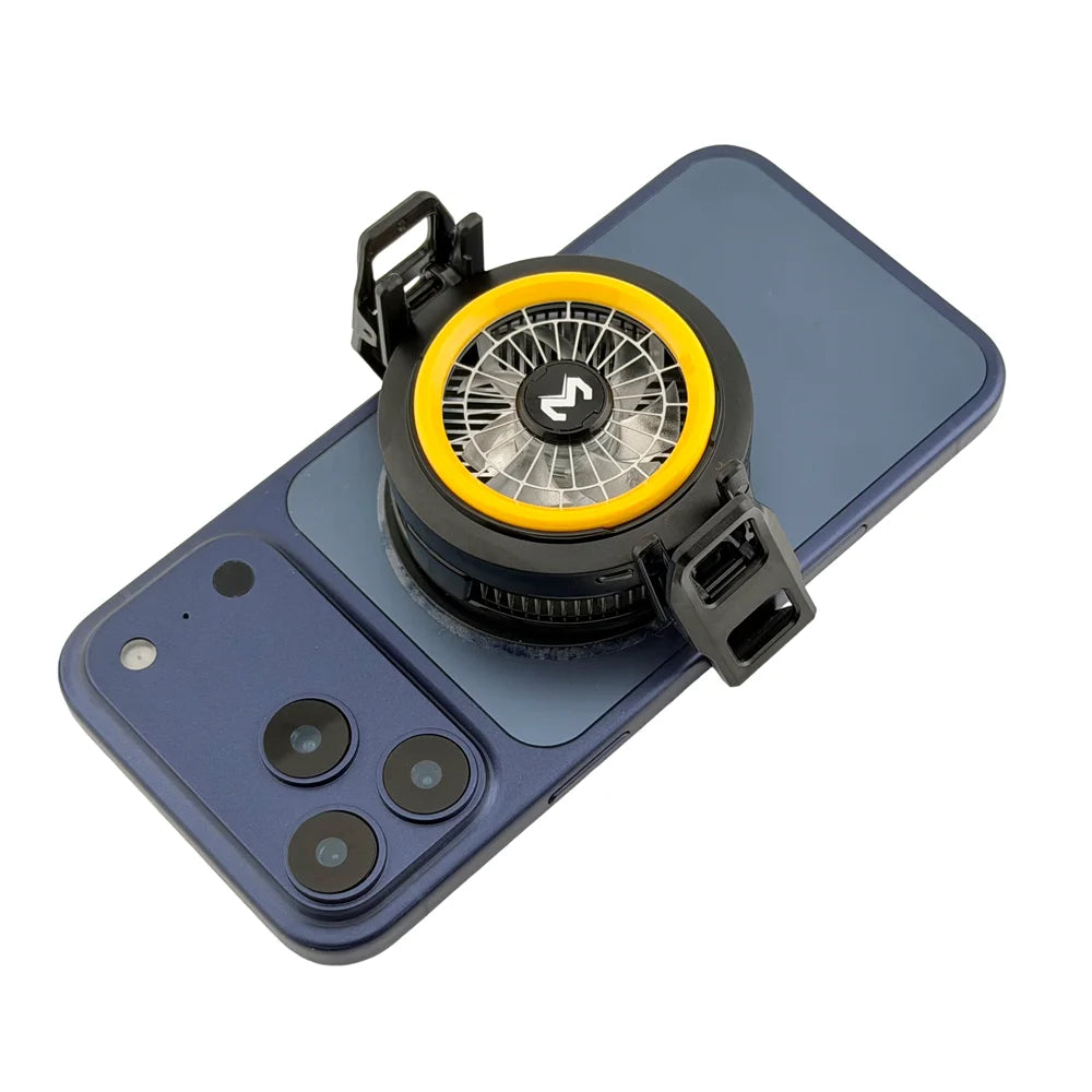 Black phone cooler with magnetic clip and yellow LED fan grille