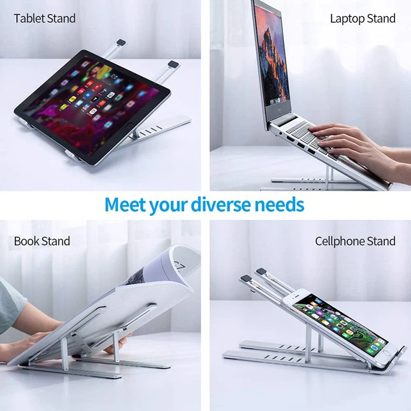 Adjustable aluminum laptop stand, silver, slotted base for cooling and anti-slip feet
