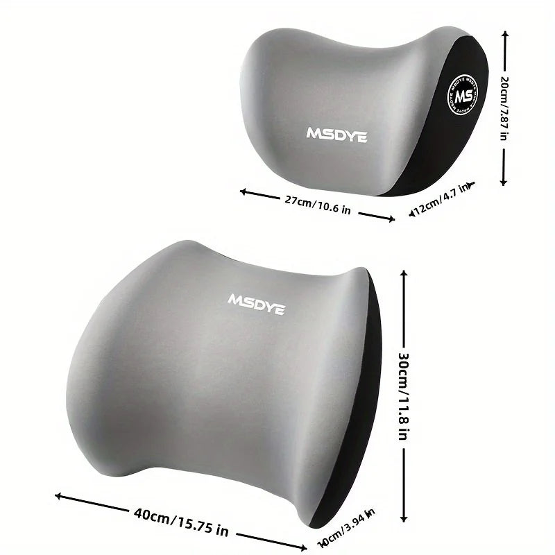 Grey memory-foam neck and lumbar support pillows with size guide labels