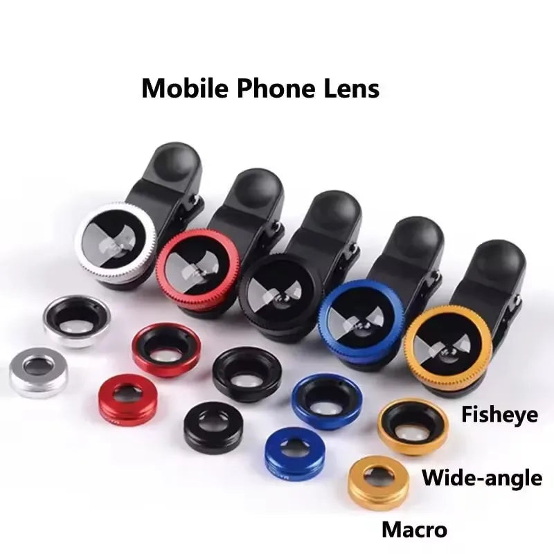 3-in-1 phone camera lens set with clip, fisheye and wide-angle and macro lens caps (multi-color)