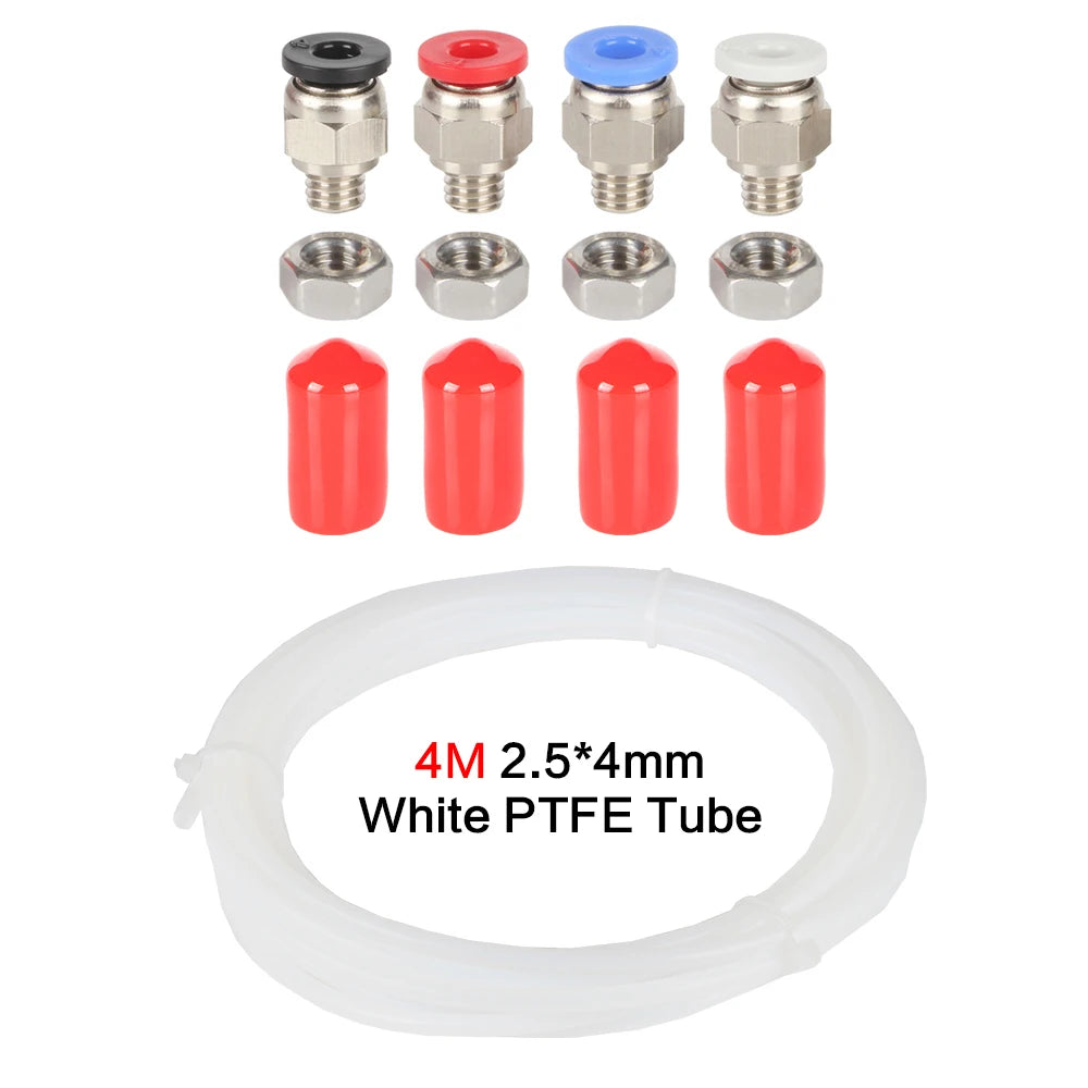 PTFE tube connector kit with brass fittings, hex nuts, red caps, and white PTFE tube