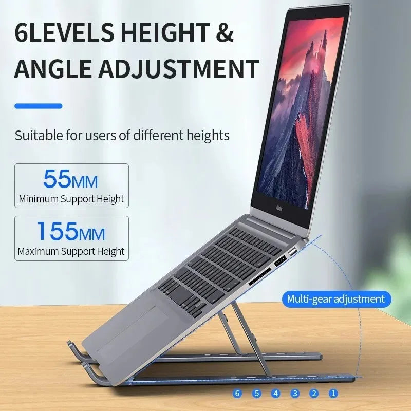 Gray adjustable laptop stand with multi-level height and tilt for a laptop screen.
