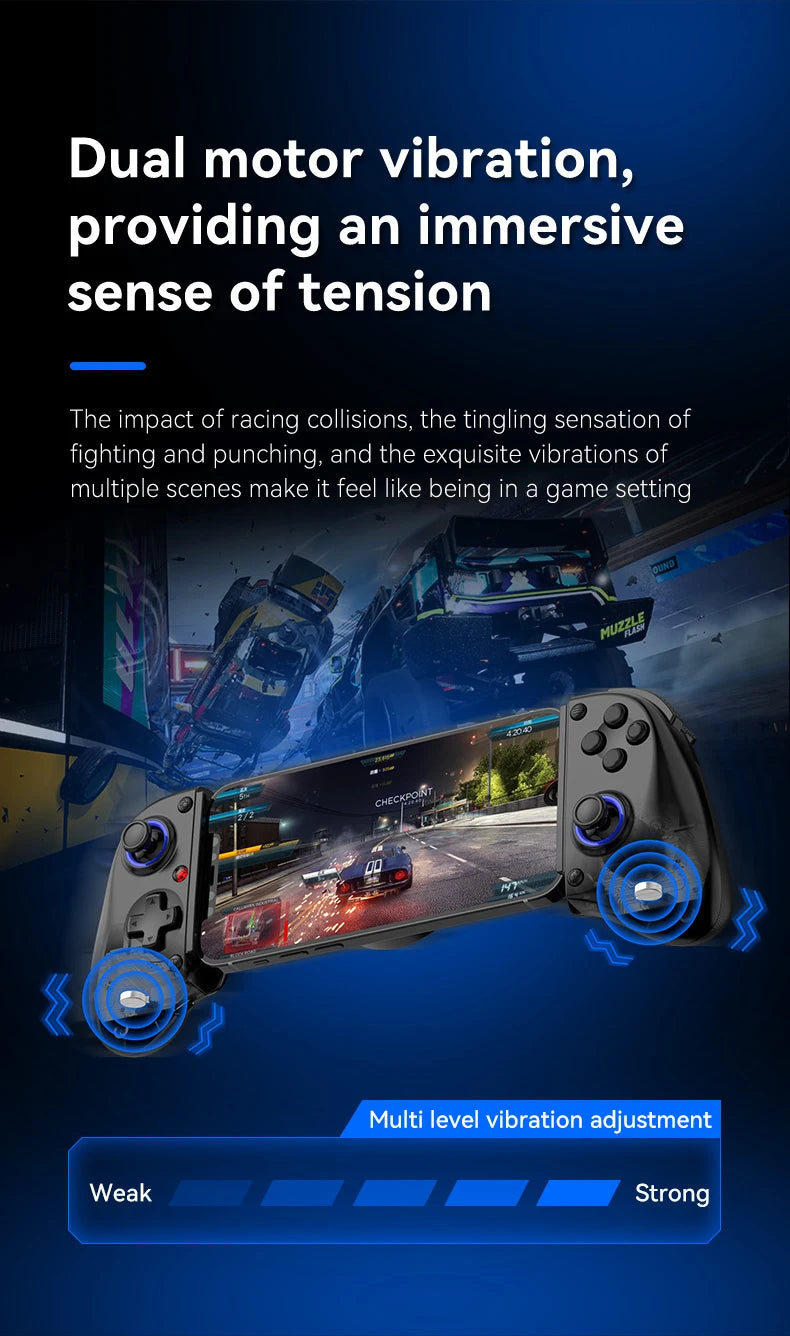Black and blue gamepad controller with dual motors vibration points on grips
