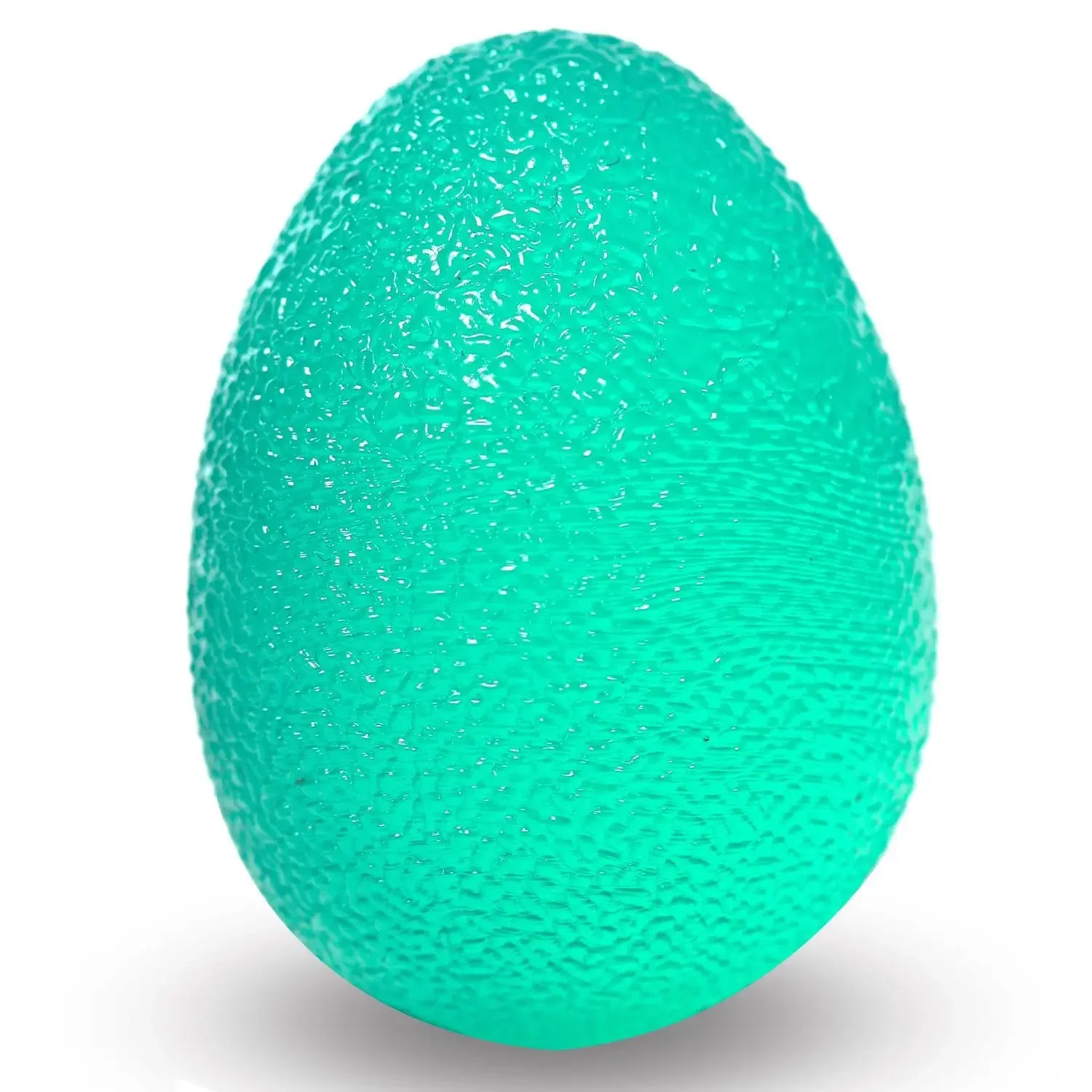 Green egg-shaped grip exercise ball with textured surface.