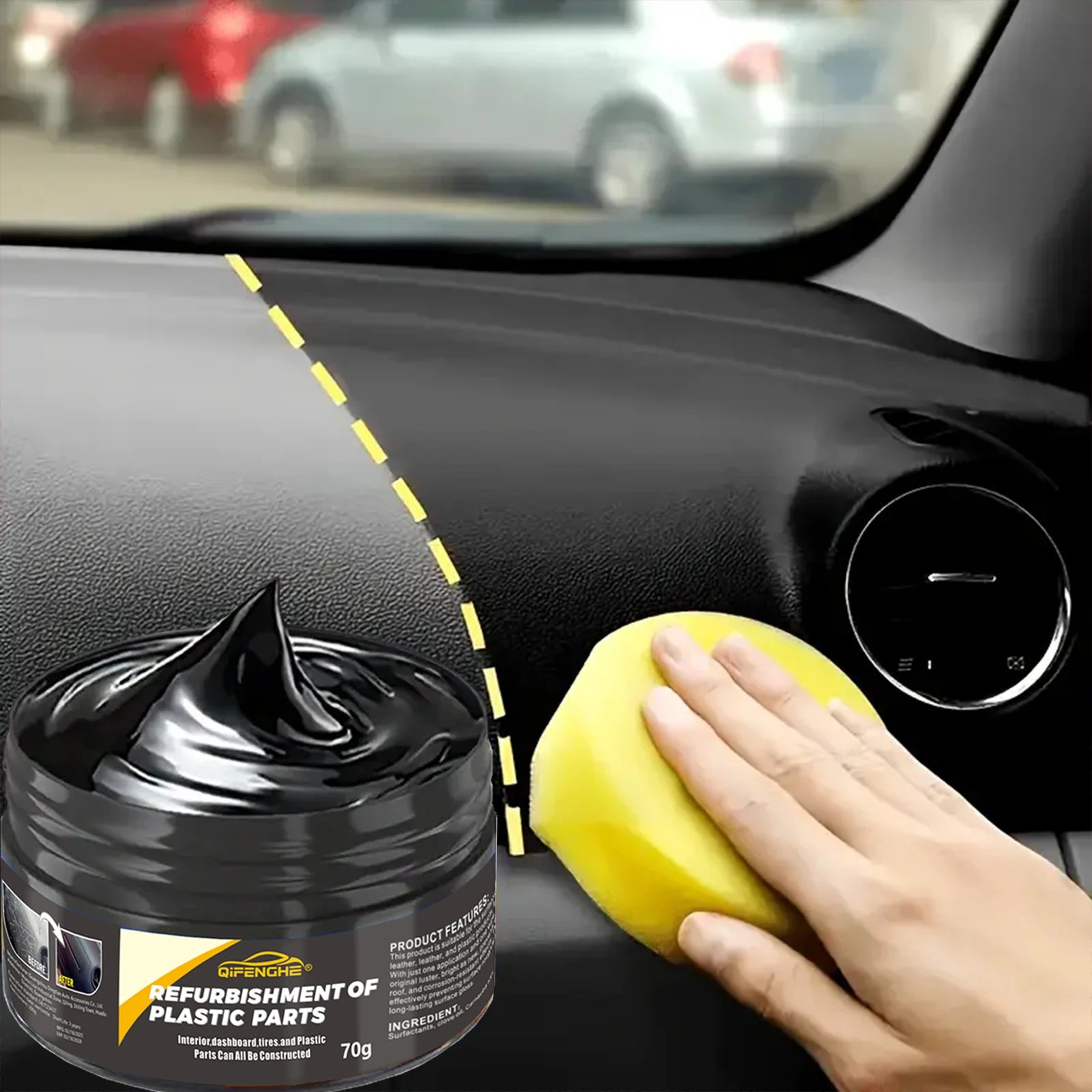 Plastic restorer cream jar with yellow foam sponge being applied by a hand