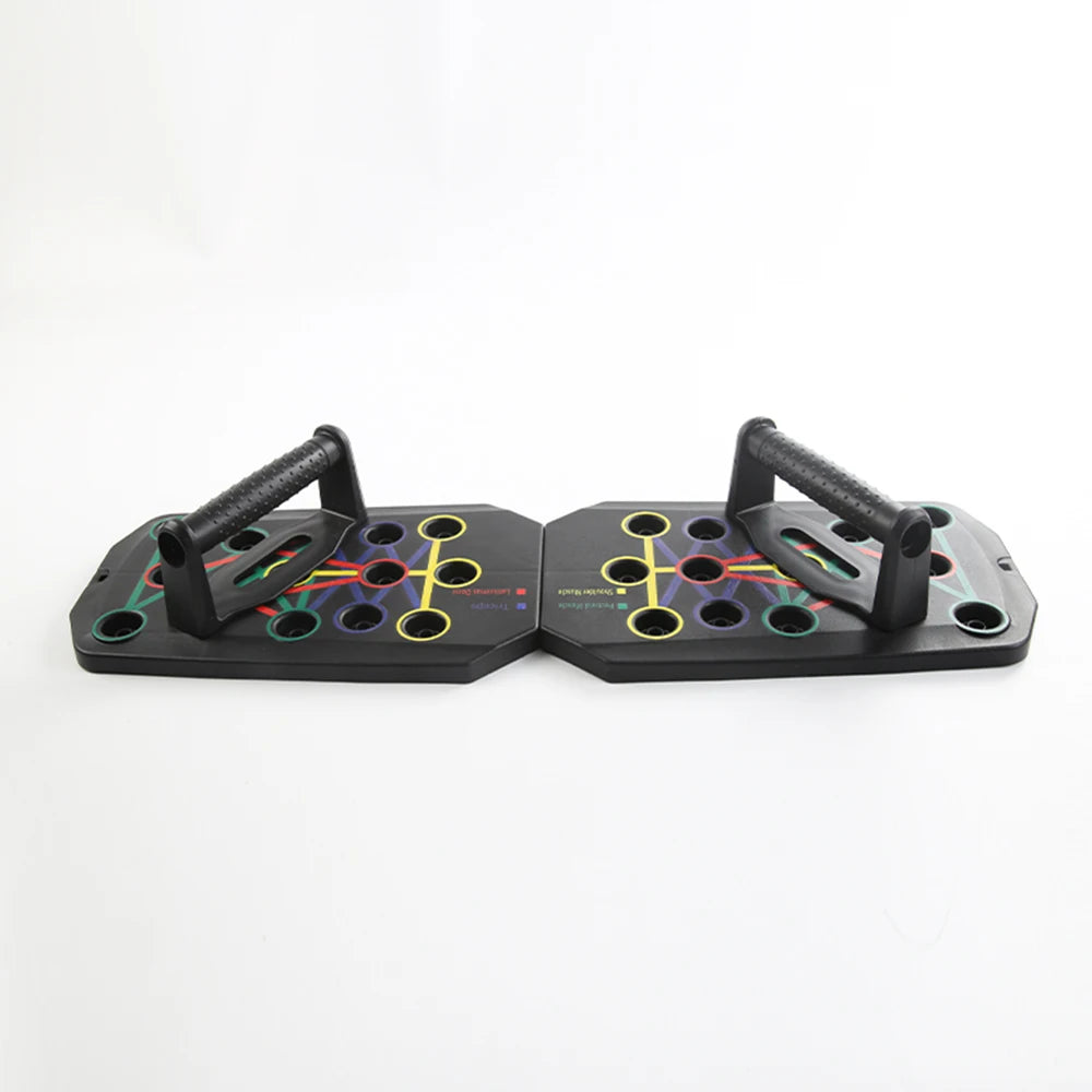 Foldable push-up board set with textured handles on black platforms with ring grips