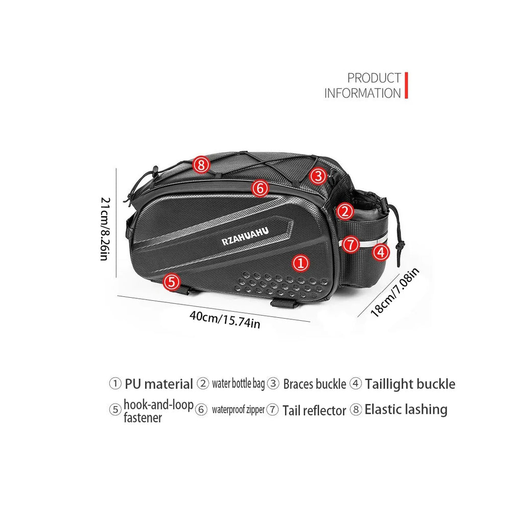 Black hard-shell bicycle rear rack bag diagram with elastic lashing and multiple buckles