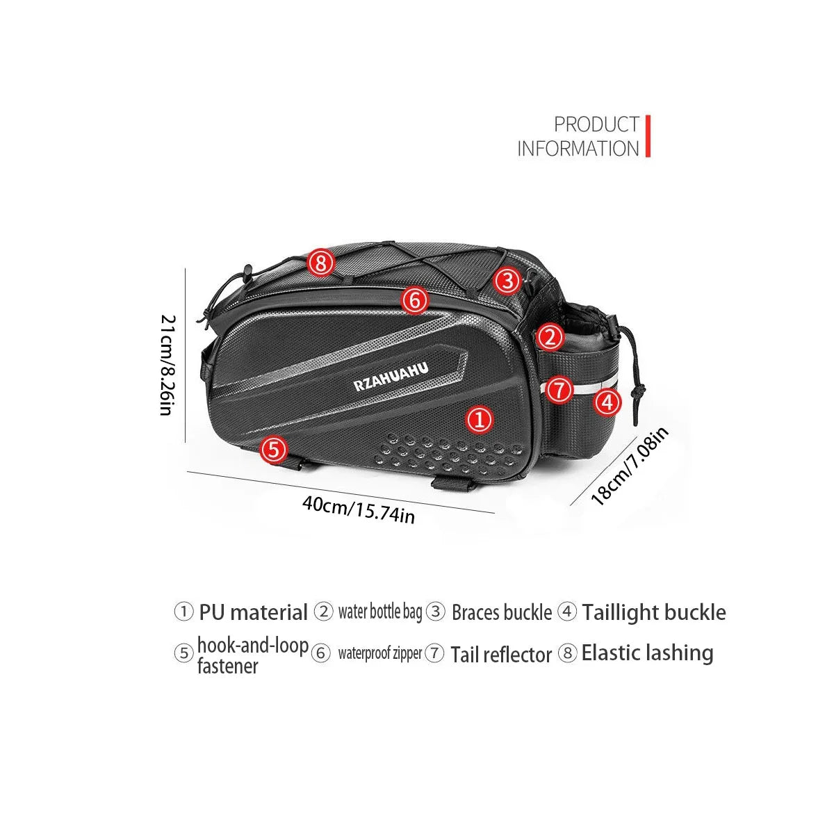 Black hard-shell bicycle rear rack bag diagram with elastic lashing and multiple buckles