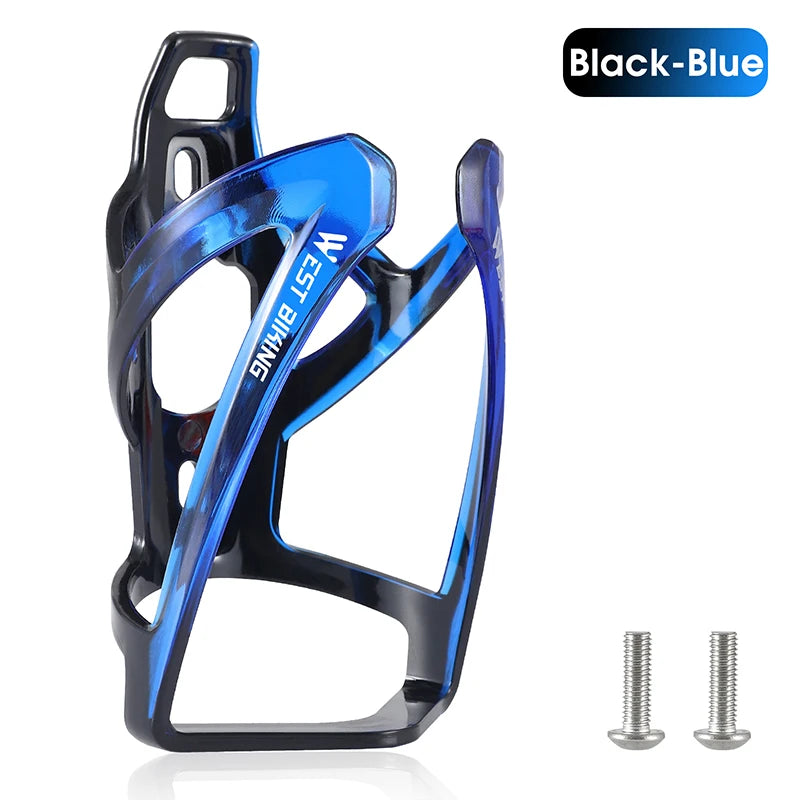 Black-blue bike water bottle cage with screws, side view and bottle mounting opening.