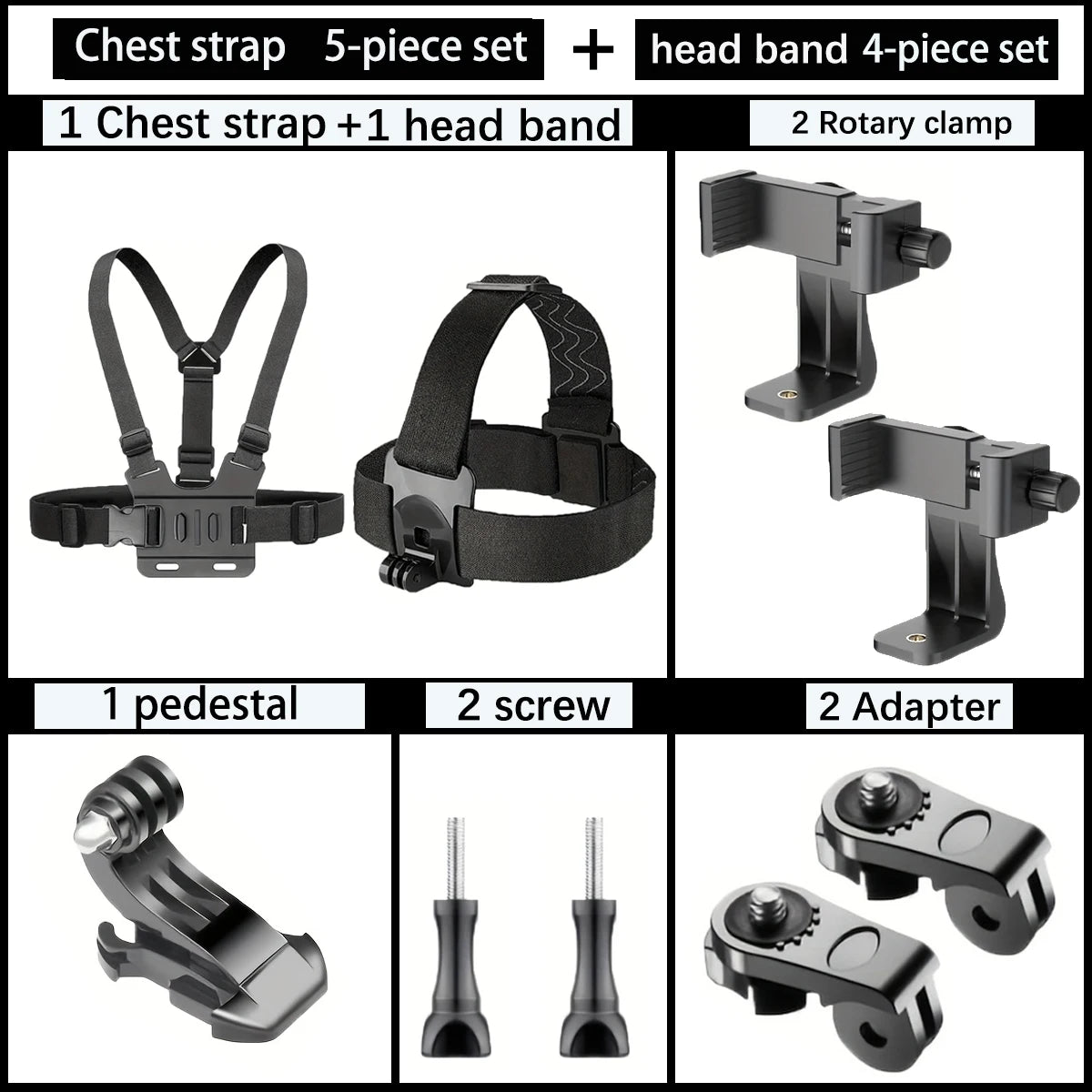 Chest strap and headband mounting set with rotary clamps, pedestal, screws, and adapters