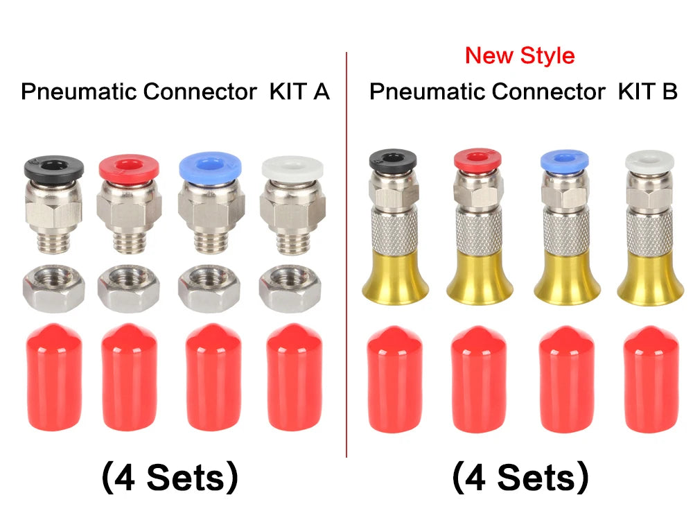 Pneumatic connector kit set with colored metal couplers and red caps, multiple configurations