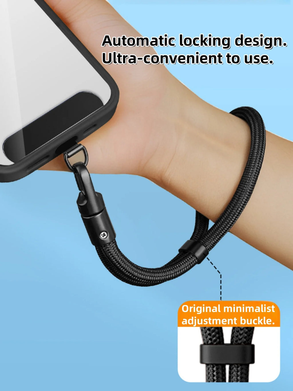 Black woven polyester phone lanyard with adjustable minimalist buckle and loop