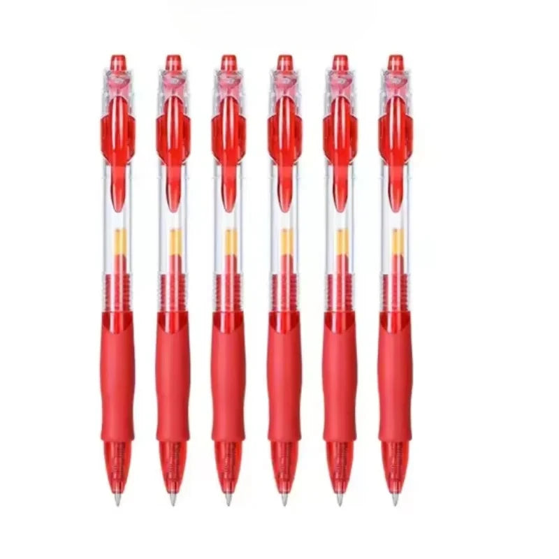 Retractable gel pens with red barrels and clear caps