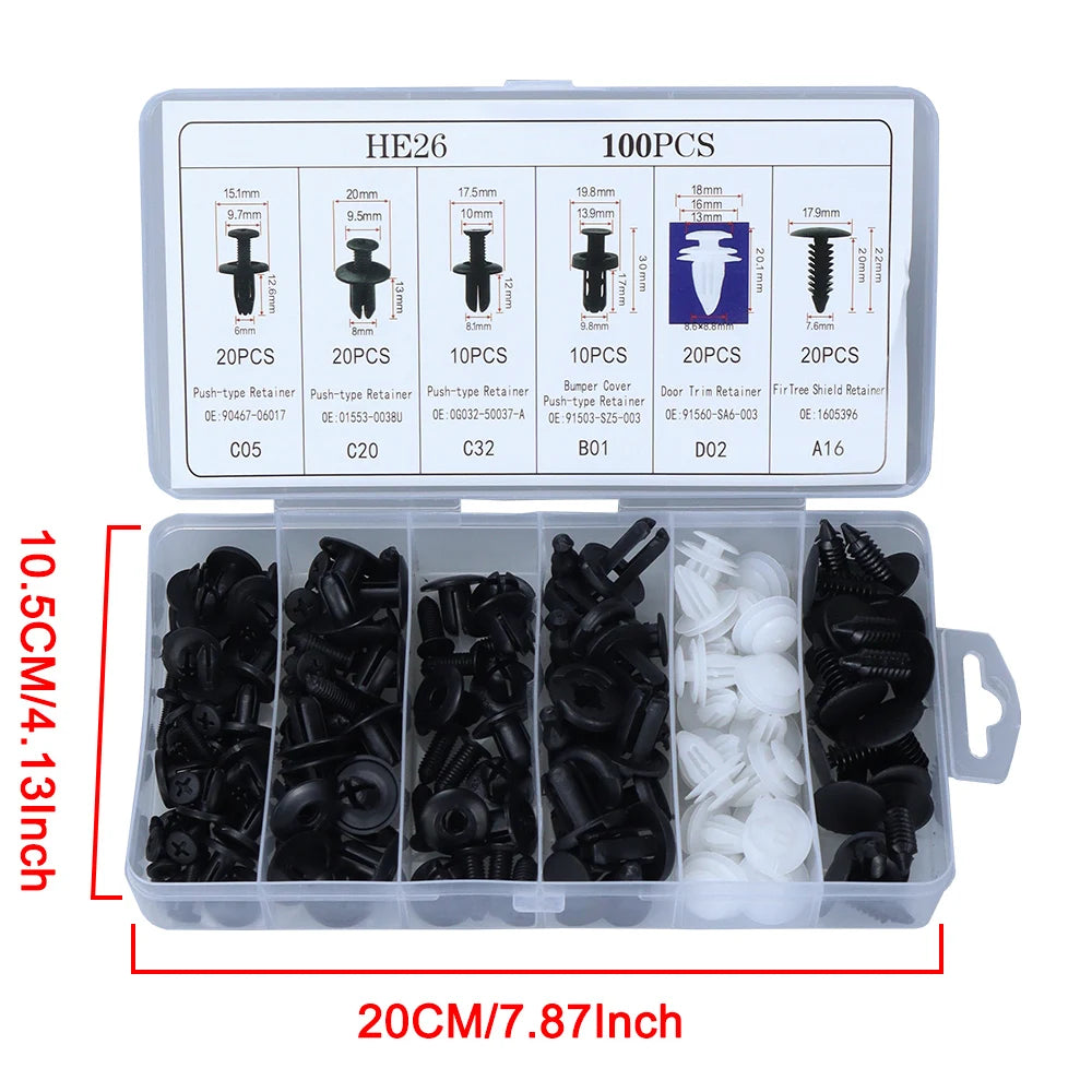 Auto push retainer clip organizer box with mixed black and white clips
