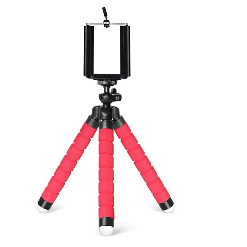 Red mini phone tripod stand with clamp and flexible legs