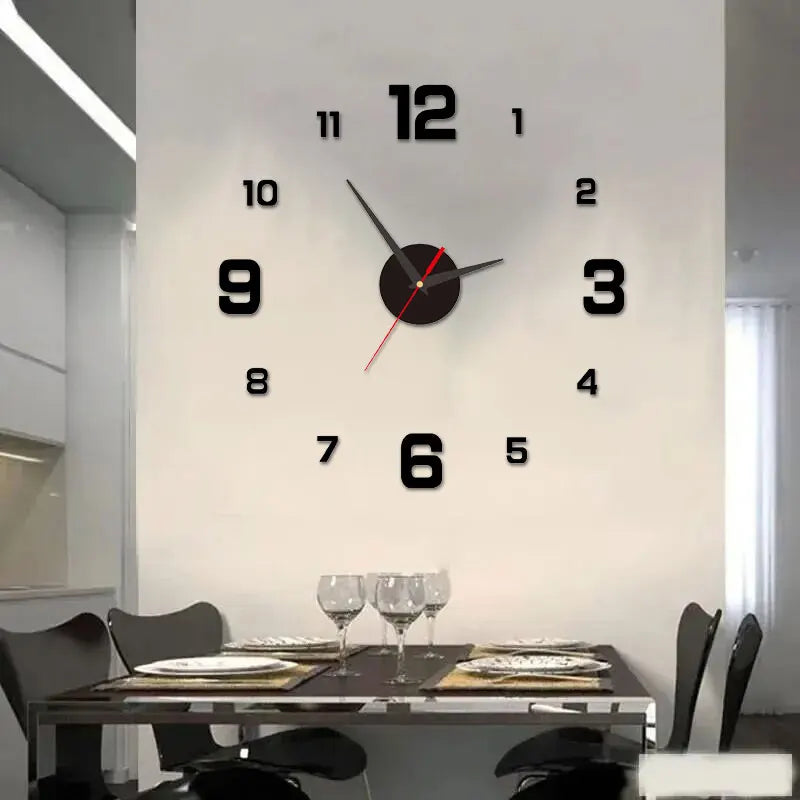 DIY wall clock sticker with black clock face, black hands and red second hand, clear 1–12 digits.
