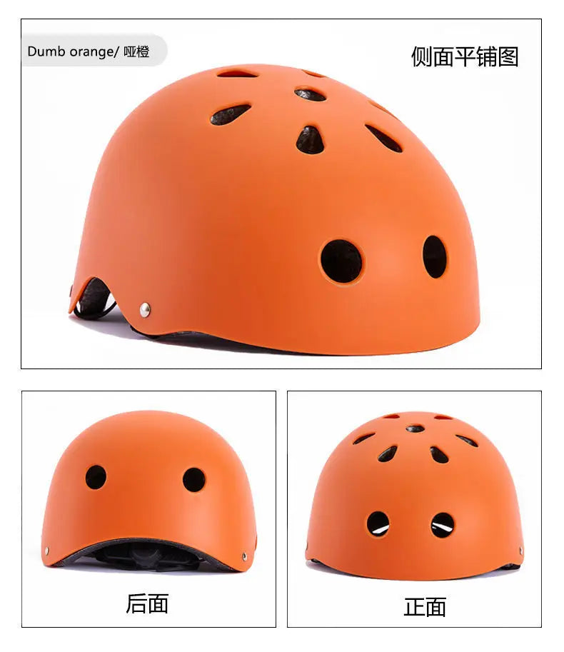 Orange kids bike helmet with multiple ventilation holes, shown from front and side.