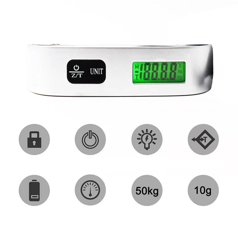 Portable digital luggage scale with green backlit LCD and unit icons