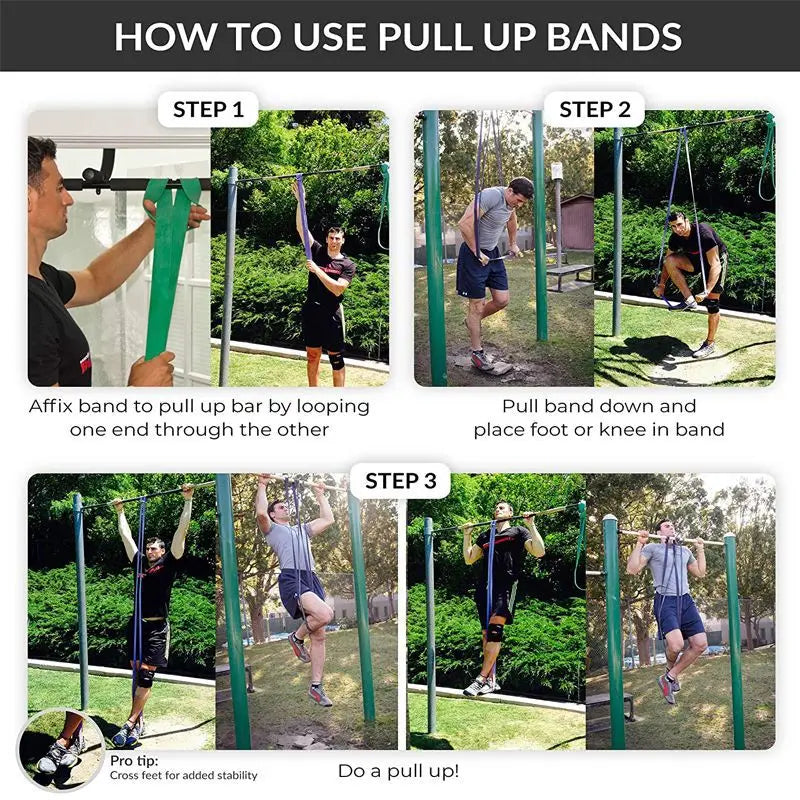Green resistance pull-up loop band attached to a pull-up bar during training