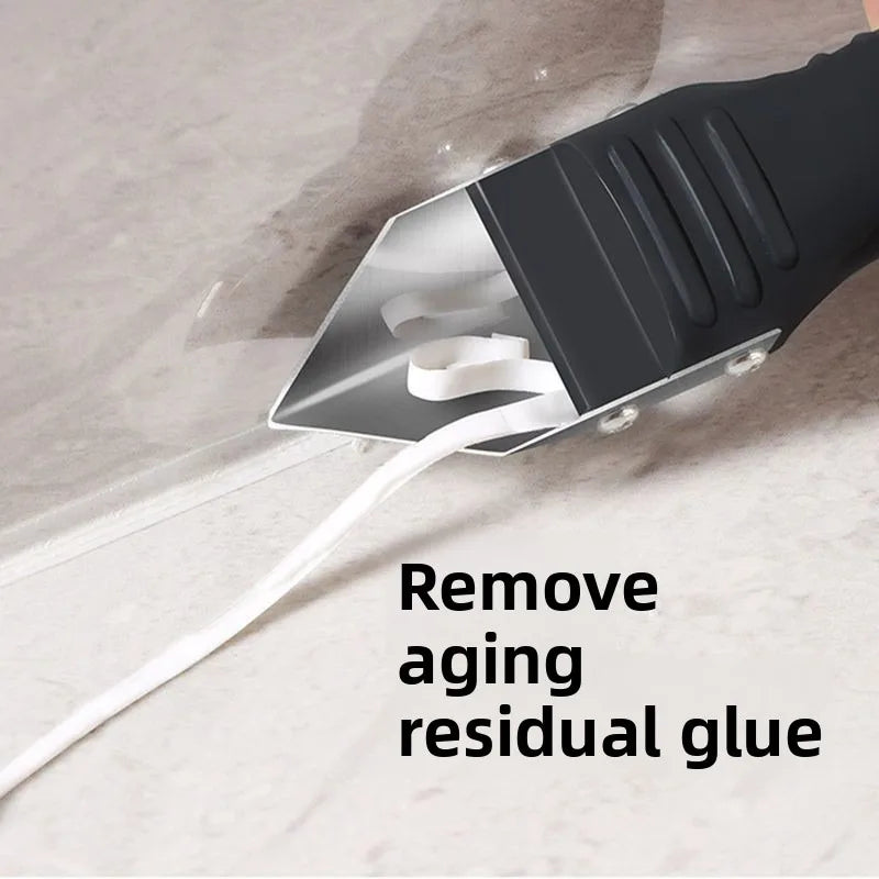 Silicone scraper squeegee tool with black handle and angled blade for glue removal