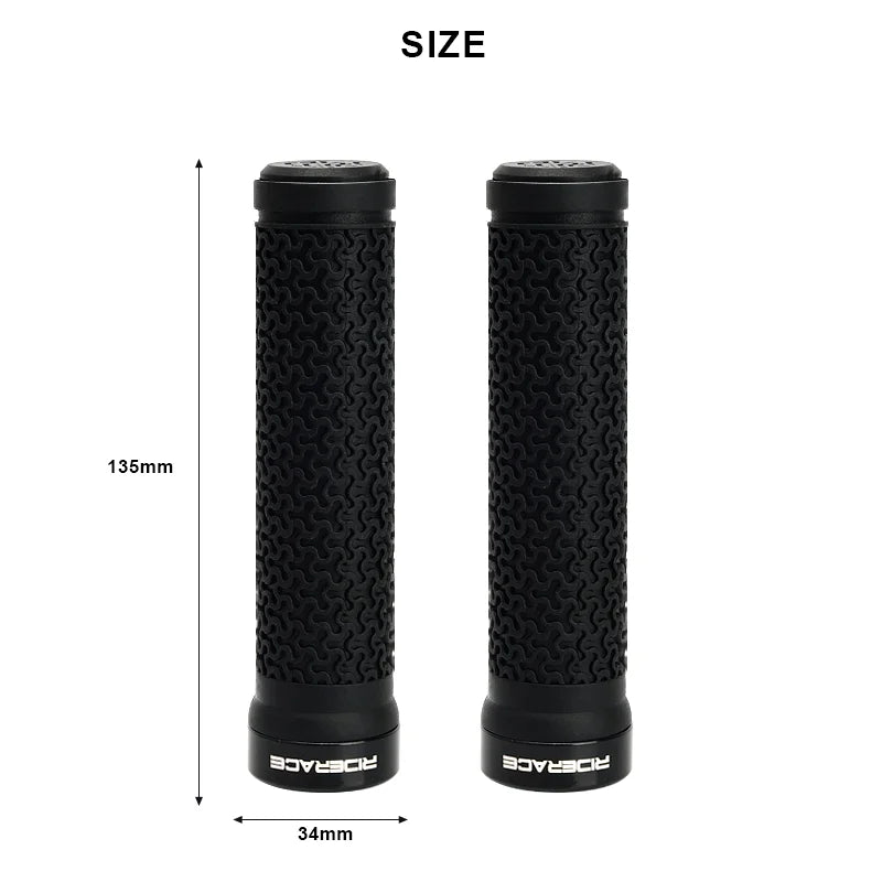 Pair of black MTB bicycle handlebar grips, length and width shown