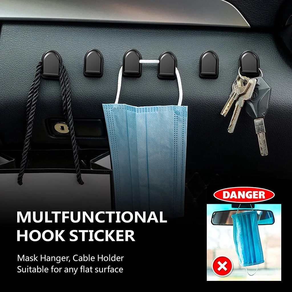 Dashboard adhesive hook set with blue face masks and hanging keys