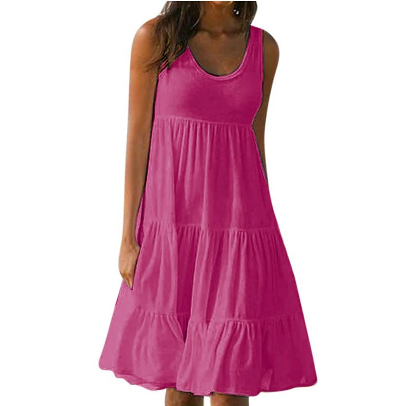 Magenta sleeveless mini dress with tiered ruffle skirt and scoop neckline