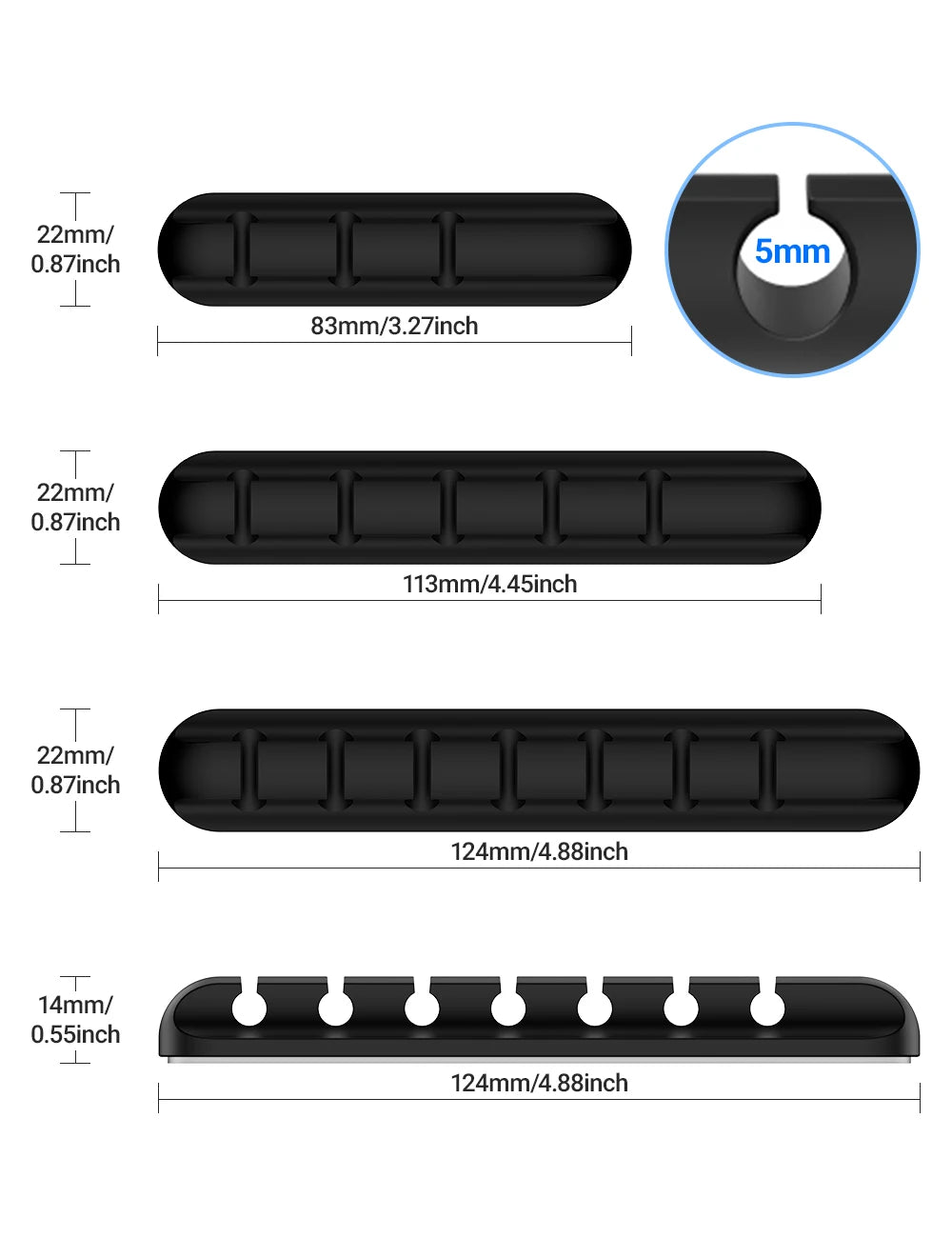 Black adhesive cord holder clip bars in multiple lengths with rounded slot openings