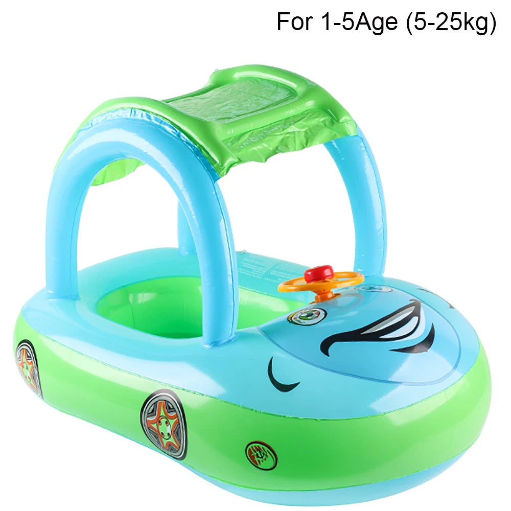 Light blue and green inflatable car-shaped pool float for toddlers with canopy arch