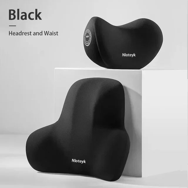 Memory foam headrest and waist support set, black contoured pillows for back comfort