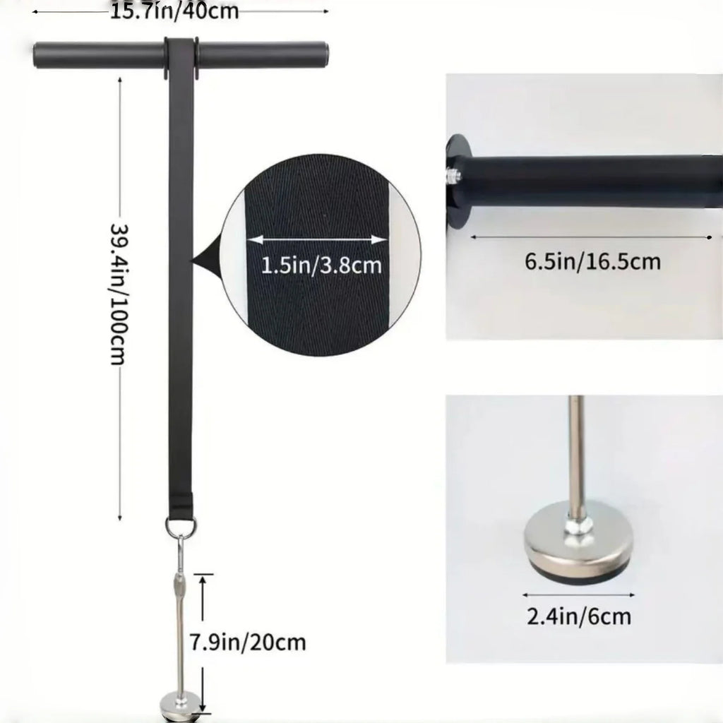 Forearm trainer dimensions diagram with black T-bar handle and adjustable strap