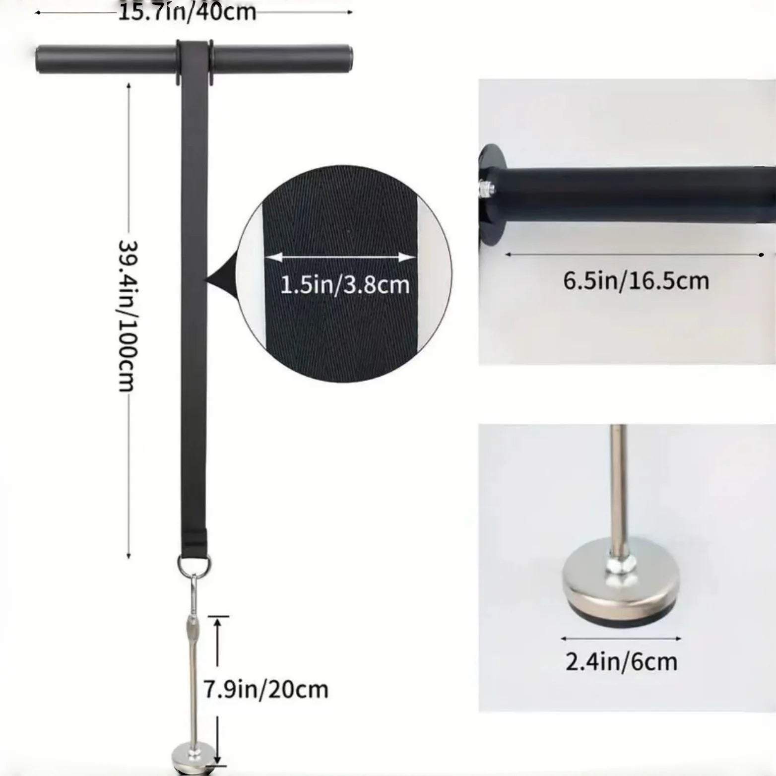 Forearm trainer dimensions diagram with black T-bar handle and adjustable strap