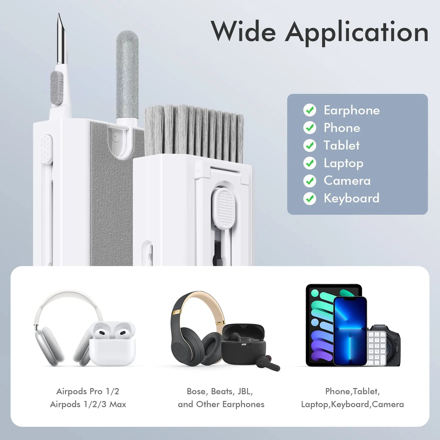 White multi-tool cleaning kit with brushes and pen-style pick