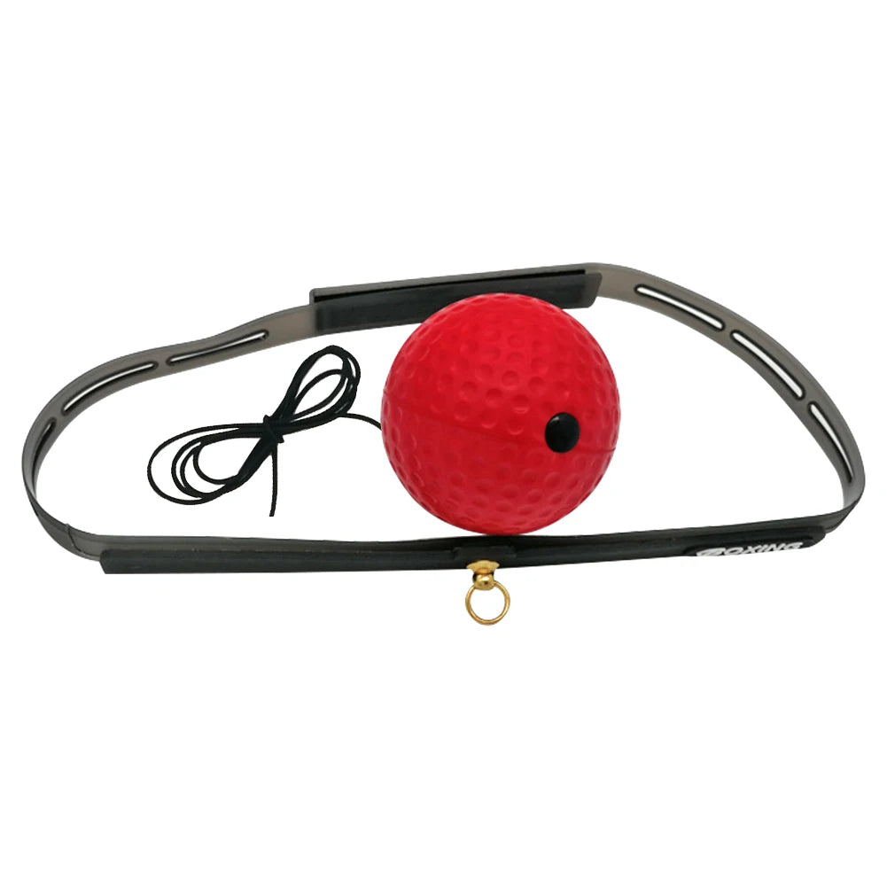 Red reflex punch ball on black elastic headband with tether cord and gold ring