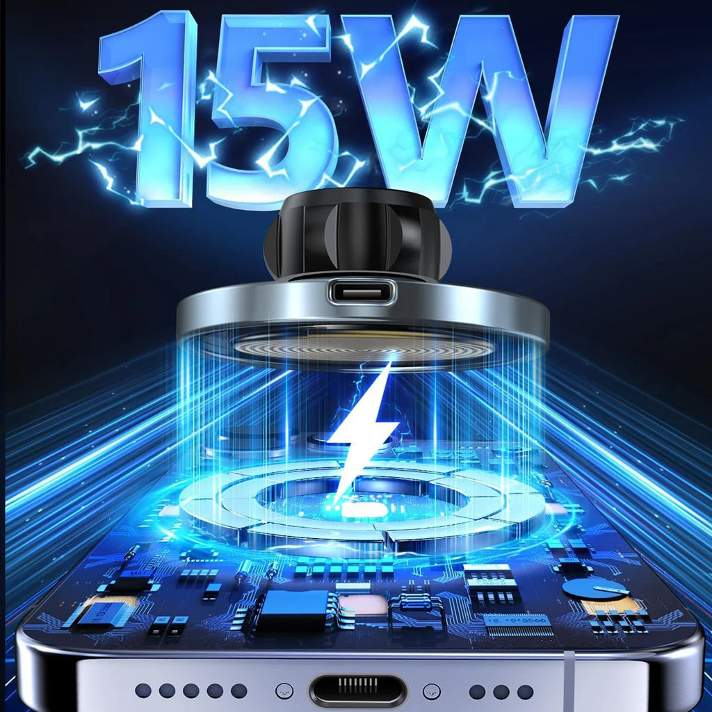 Black magnetic wireless car charger mount with illuminated blue charging platform