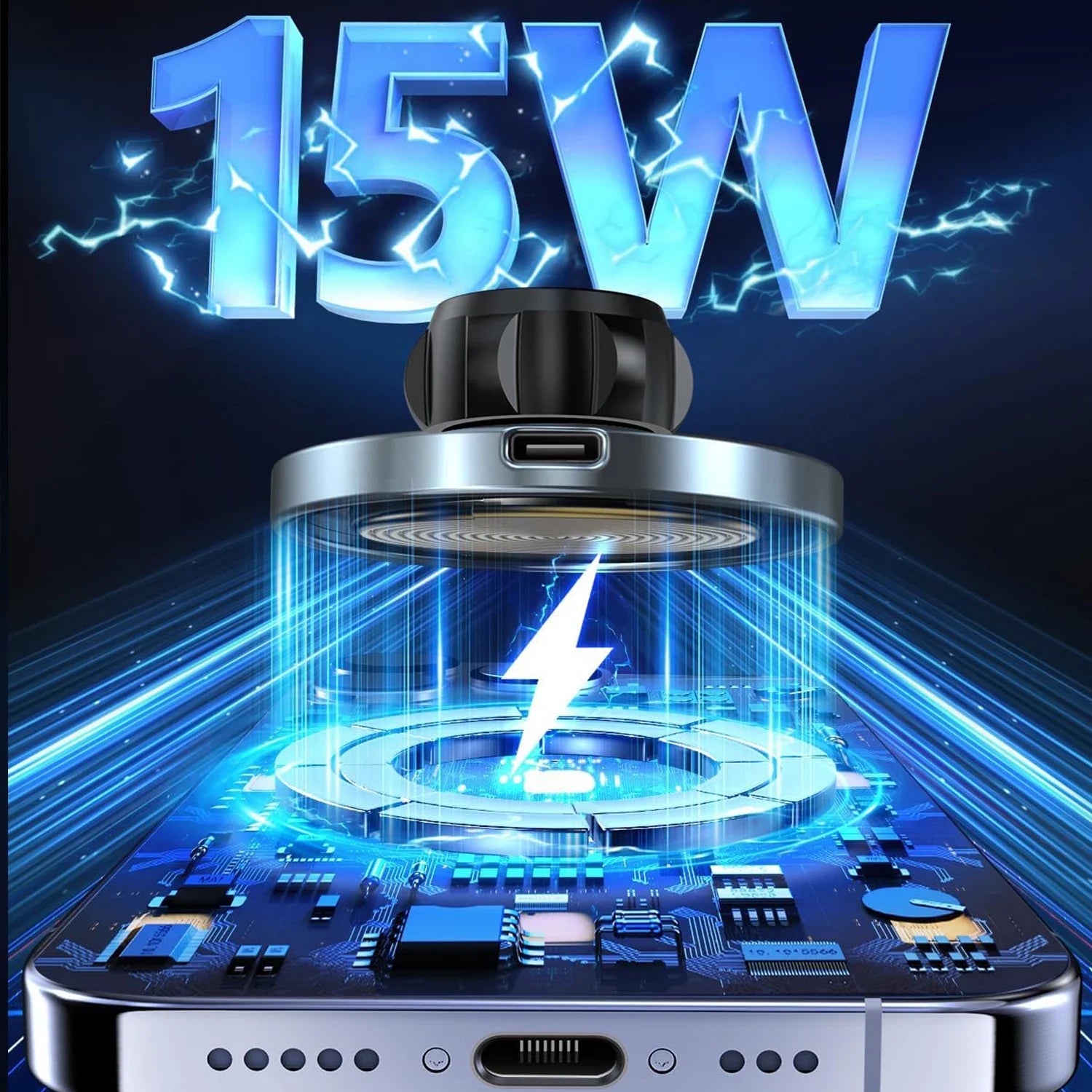 Black magnetic wireless car charger mount with illuminated blue charging platform