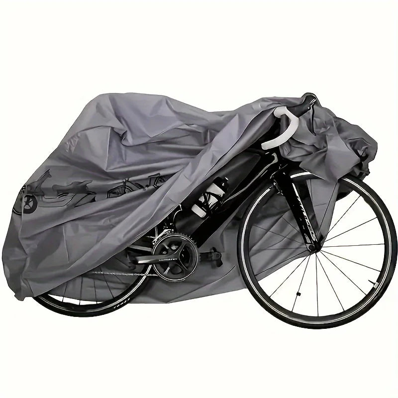 Gray bike cover with bicycle print, fitted over a full bicycle