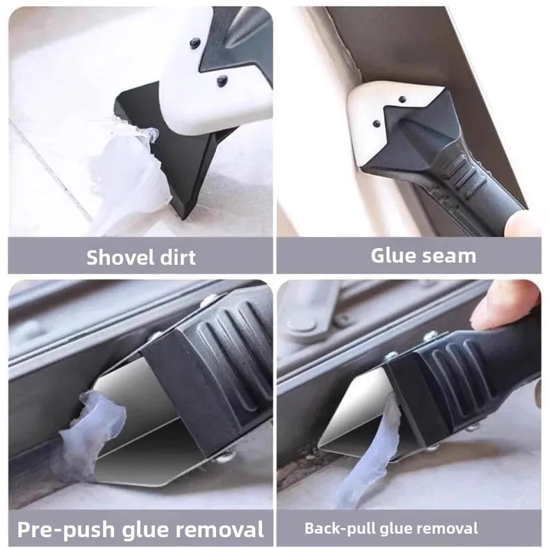 Silicone scraper tool showing blade angles for pushing and pulling glue seams